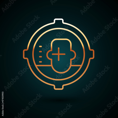 Gold line Headshot icon isolated on dark blue background. Sniper and marksman is shooting on the head of man, lethal attack, assault and assassination. Vector