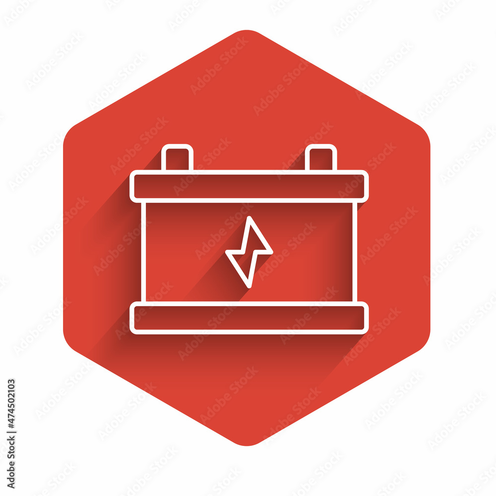 White line Car battery icon isolated with long shadow. Accumulator battery energy power and electricity accumulator battery. Red hexagon button. Vector White line Car battery icon isolated with long shadow. Accumulator battery energy power and electricity accumulator battery. Red hexagon button. Vector