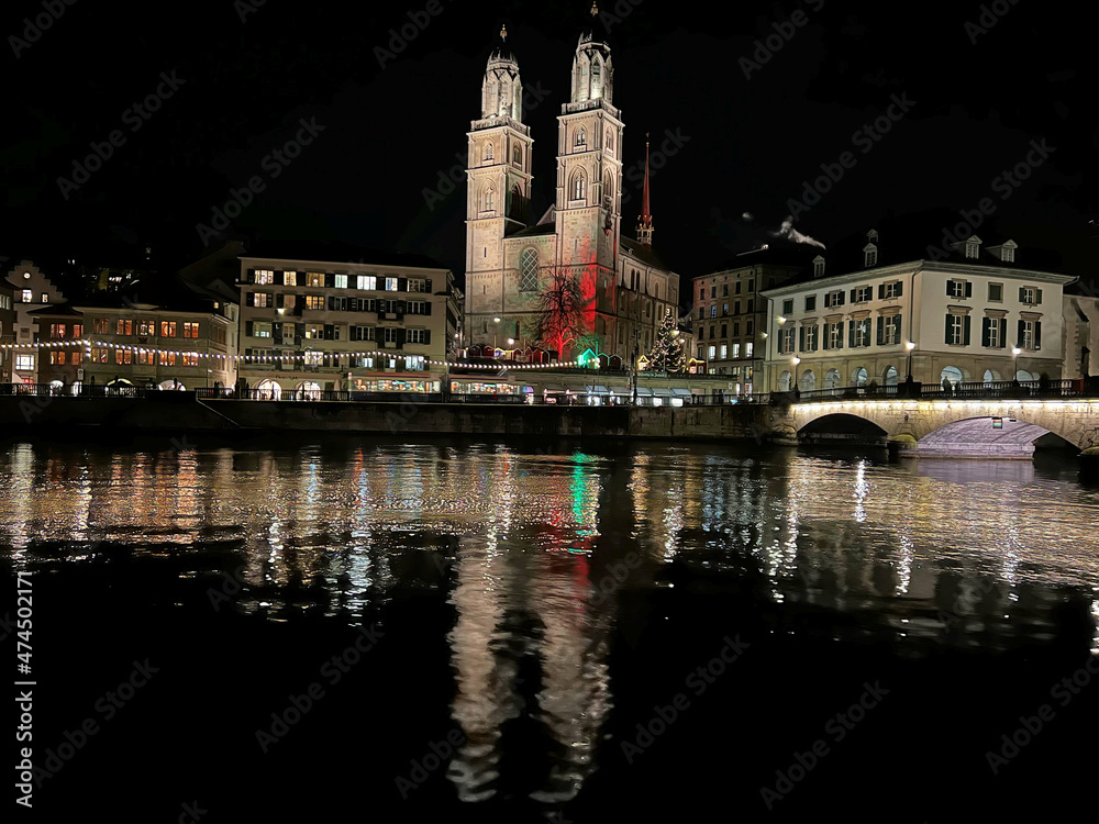 A panoramic view of Zurich in Switzerland at night