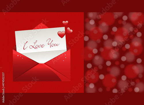 'I love you' card, hearts, red envelope and red bokeh background.