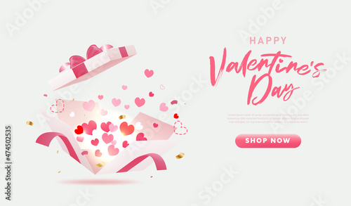 Surprise white gift box with pink ribbon and Hearts. Open gift box isolated. Party, Shopping poster. Valentine's Day design