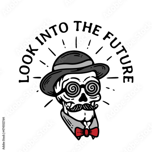 vintage illustration of skull wearing hypnotic glasses and hat