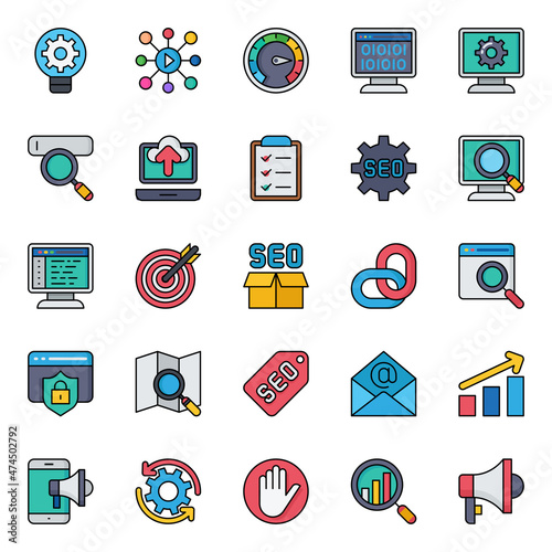 Filled outline icons for search engine optimization.