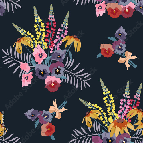 Lupines and pansies. Seamless vector illustration on a black background.