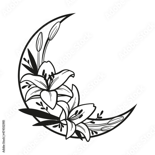 Moon and lily. Hand drawn vector illustration. Black and white. Isolated object on white background. Line art.