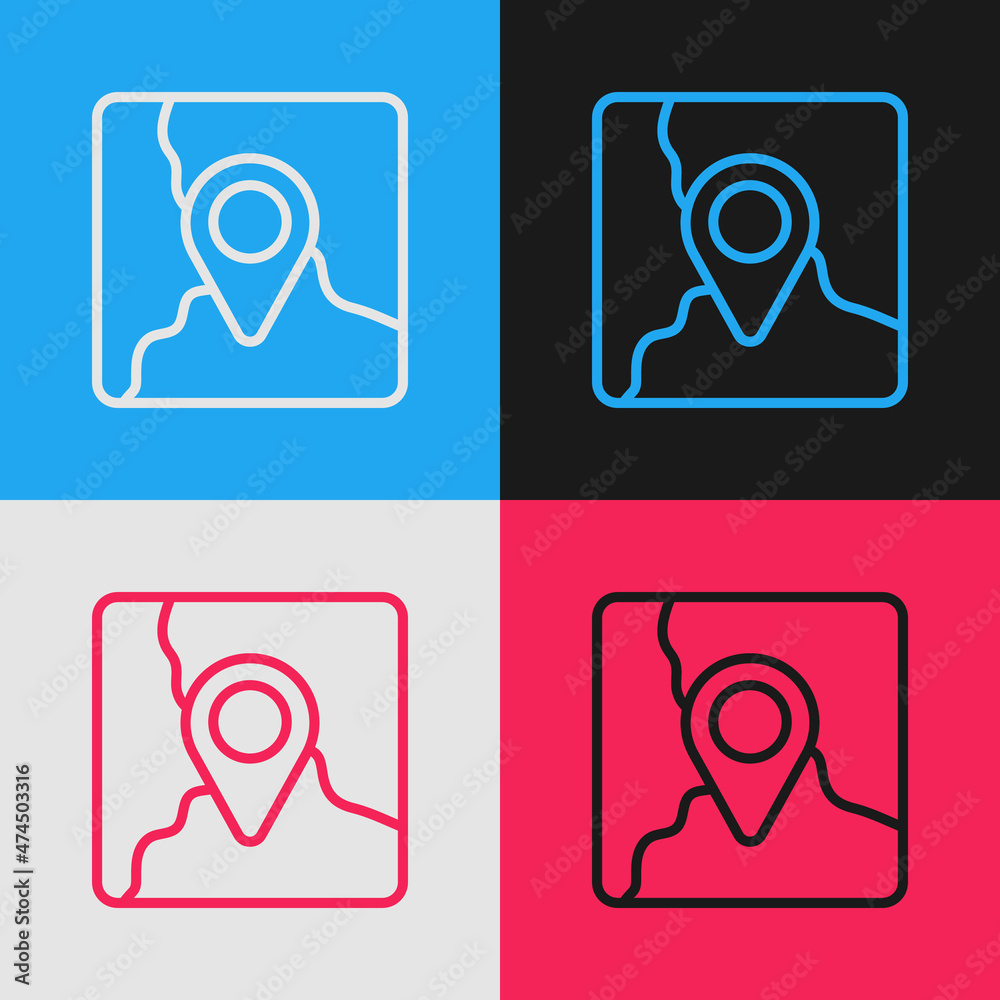 Pop art line Folded map with location marker icon isolated on color background. Vector Pop art line Folded map with location marker icon isolated on color background. Vector