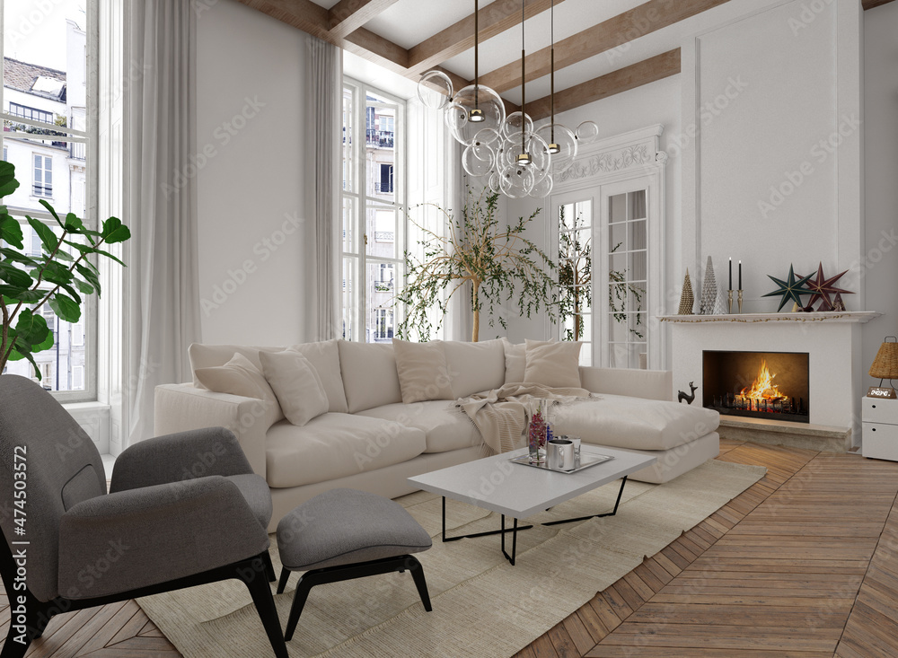 White living room interior in classic style with fireplace. 3D Render White living room interior in classic style with fireplace. 3D Render