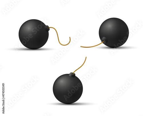 Realistic bombs set vector illustration black sphere containers with dynamite and unburning wick