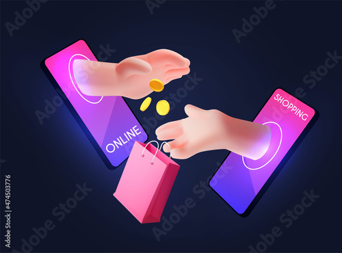 Online shopping. Digital marketing concept with shining phone, paying hand, coins and gift bags