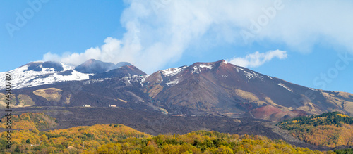 Panoramic view of Etna Mountain in Sicily. Sunny day with blue sky. The volcano is active and smoke is coming out.
