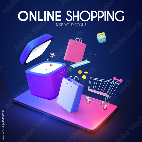 Online shopping. Digital marketing concept with shining phone, paying hand, shopping trolley cart, coins, card, gift bags and box