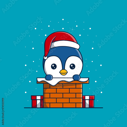 Cute Penguin wearing christmas hat out of the chimney
