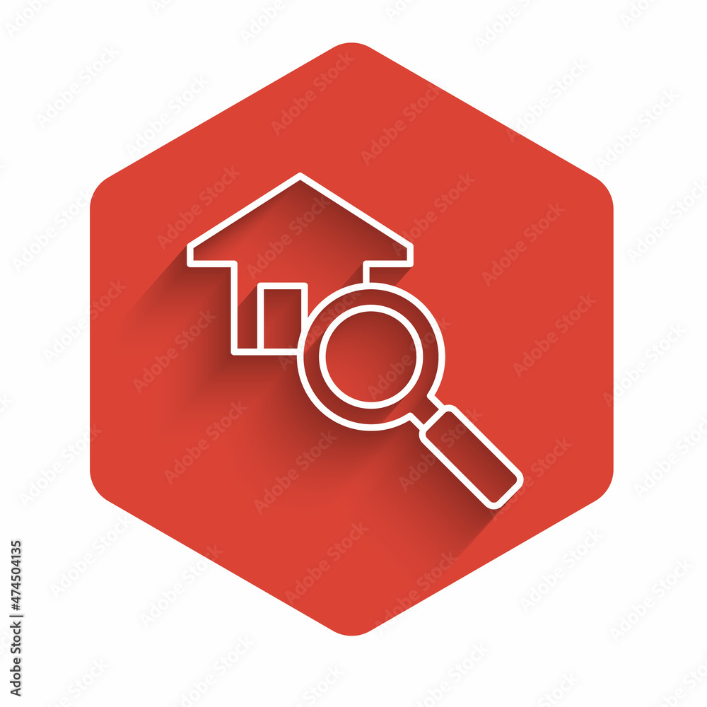 White line Search house icon isolated with long shadow background. Real estate symbol of a house under magnifying glass. Red hexagon button. Vector White line Search house icon isolated with long shadow background. Real estate symbol of a house under magnifying glass. Red hexagon button. Vector