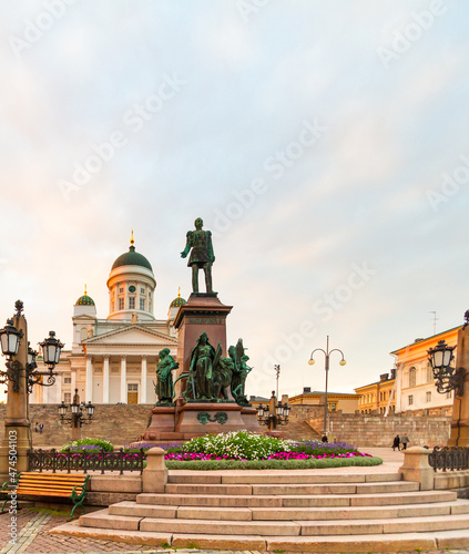 Helsinki Cathedral and the statue of Alexander II in Finland.