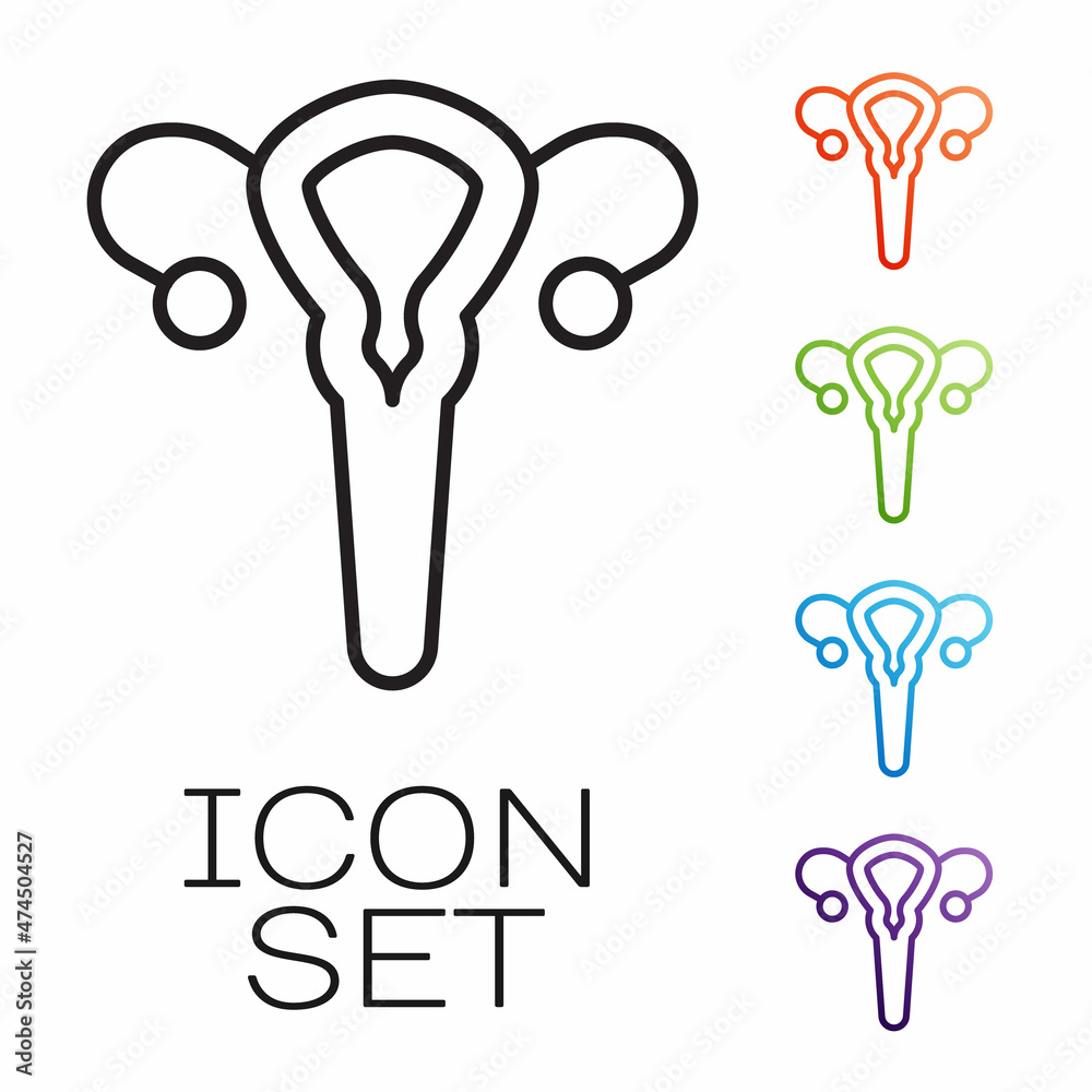 Black line Female reproductive system icon isolated on white background. Anatomy. Gynecology. Woman health. Set icons colorful. Vector Black line Female reproductive system icon isolated on white background. Anatomy. Gynecology. Woman health. Set icons colorful. Vector
