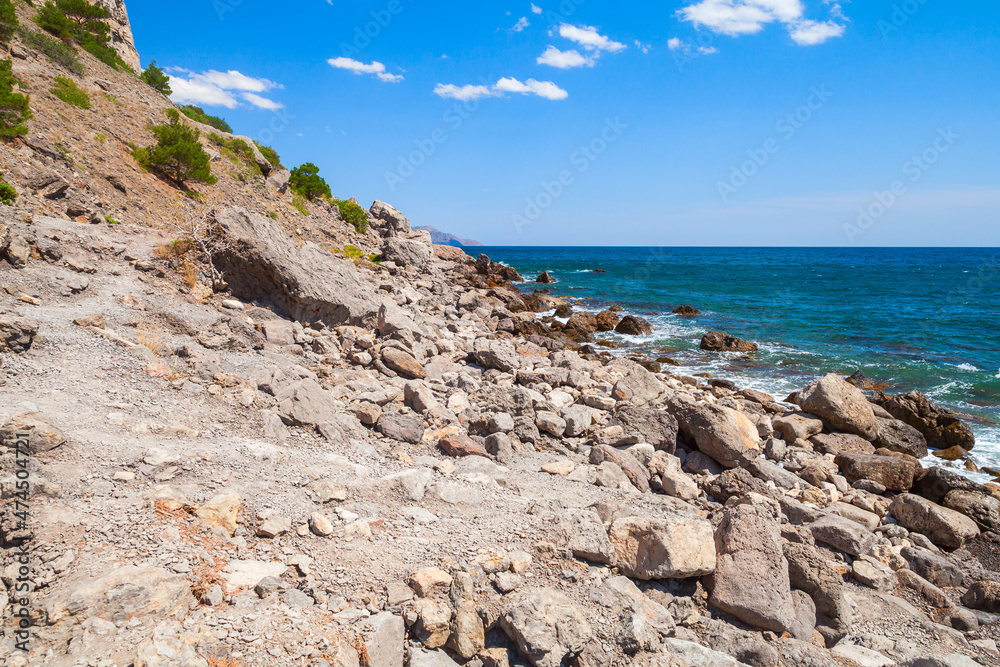 Summer Crimean landscape. Rocky Black Sea coast. Novyi Svit