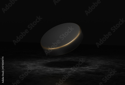 Illustration of ice hockey. A black and gold puck in flight. The concept of sports. 3D Render