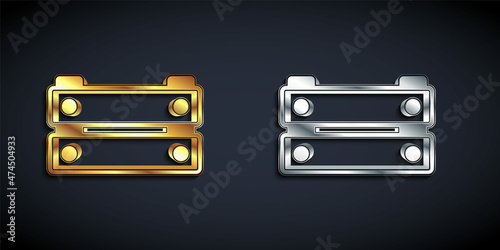 Gold and silver Wooden box icon isolated on black background. Grocery basket, storehouse crate. Empty wooden container for vegetables, products. Long shadow style. Vector