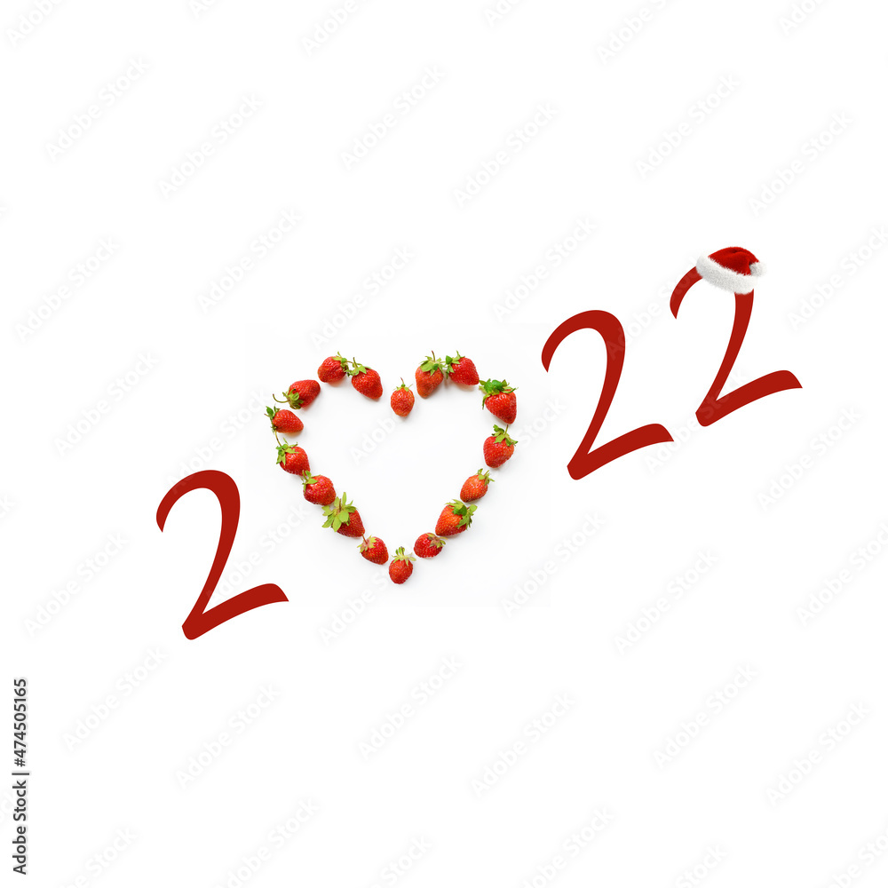 Christmas motif with heart shaped strawberries (2022, New Year card - concept).