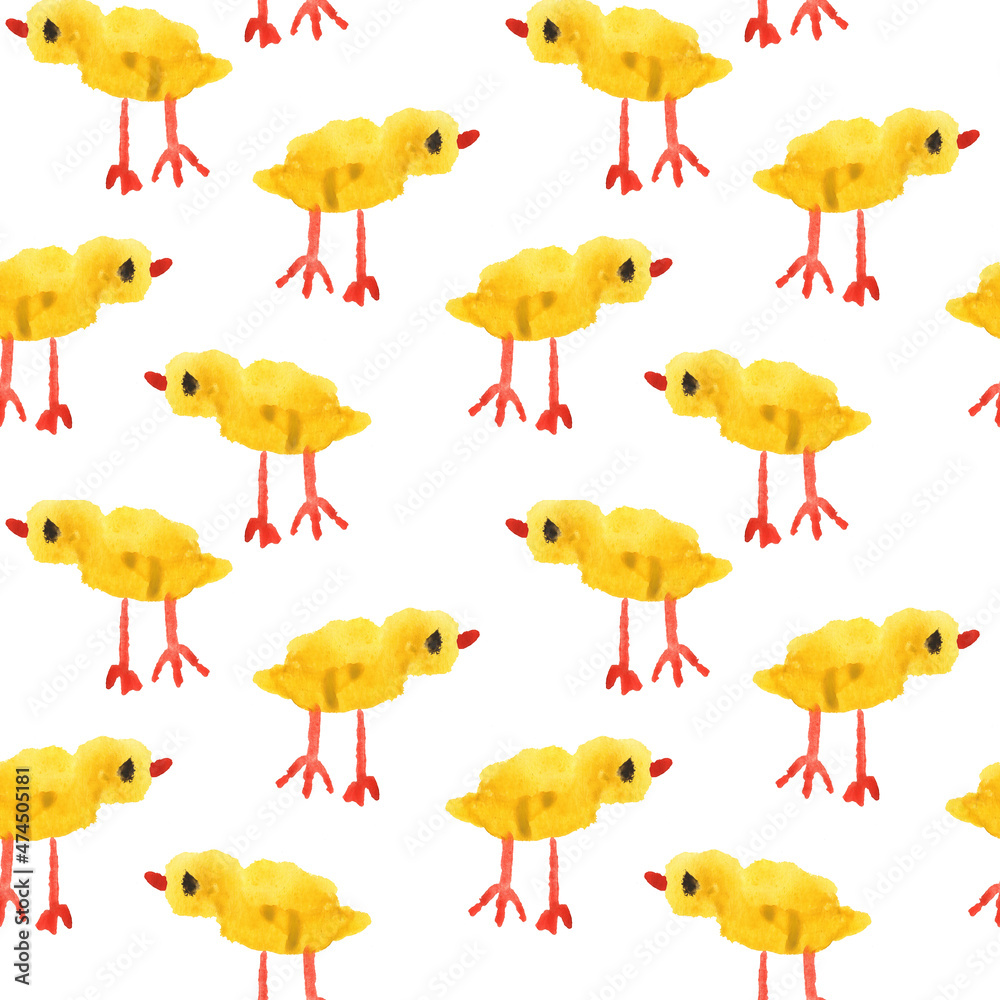 Watercolor colored seamless pattern with chicken. Illustration on a white background for packaging and fabric. Endless farming background. Children's drawing of a pet.