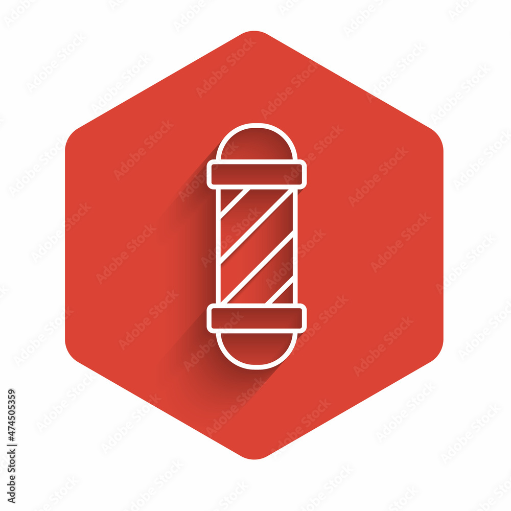 White line Classic Barber shop pole icon isolated with long shadow background. Barbershop pole symbol. Red hexagon button. Vector White line Classic Barber shop pole icon isolated with long shadow background. Barbershop pole symbol. Red hexagon button. Vector