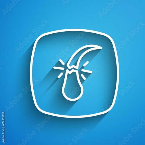 White line Broken hair follicle icon isolated on blue background. Hair care treatment. Long shadow. Vector