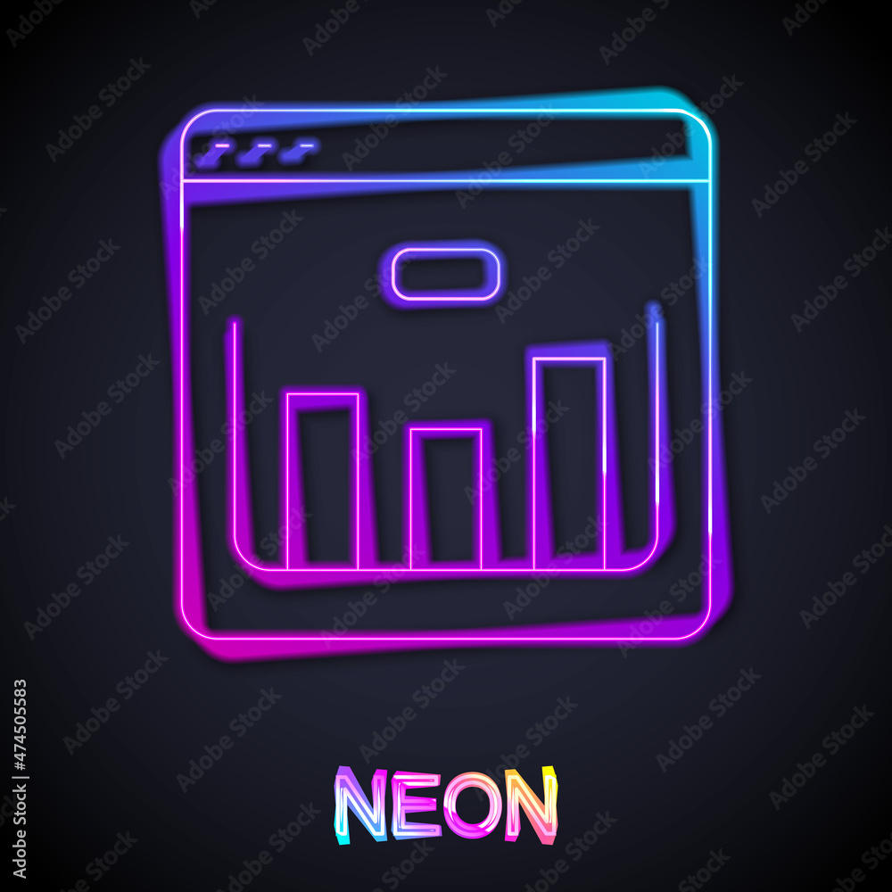 Glowing neon line Browser with stocks market growth graphs and money icon isolated on black background. Monitor with stock charts arrow on screen. Vector Glowing neon line Browser with stocks market growth graphs and money icon isolated on black background. Monitor with stock charts arrow on screen. Vector