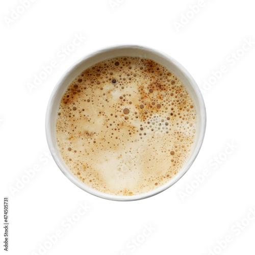 Aromatic coffee in takeaway paper cup isolated on white, top view