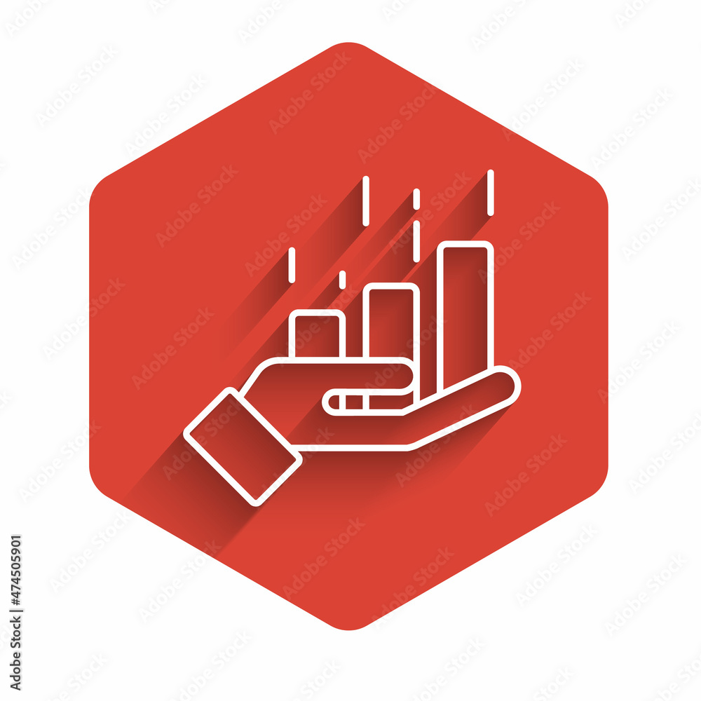 White line Financial growth increase icon isolated with long shadow background. Increasing revenue. Red hexagon button. Vector White line Financial growth increase icon isolated with long shadow background. Increasing revenue. Red hexagon button. Vector