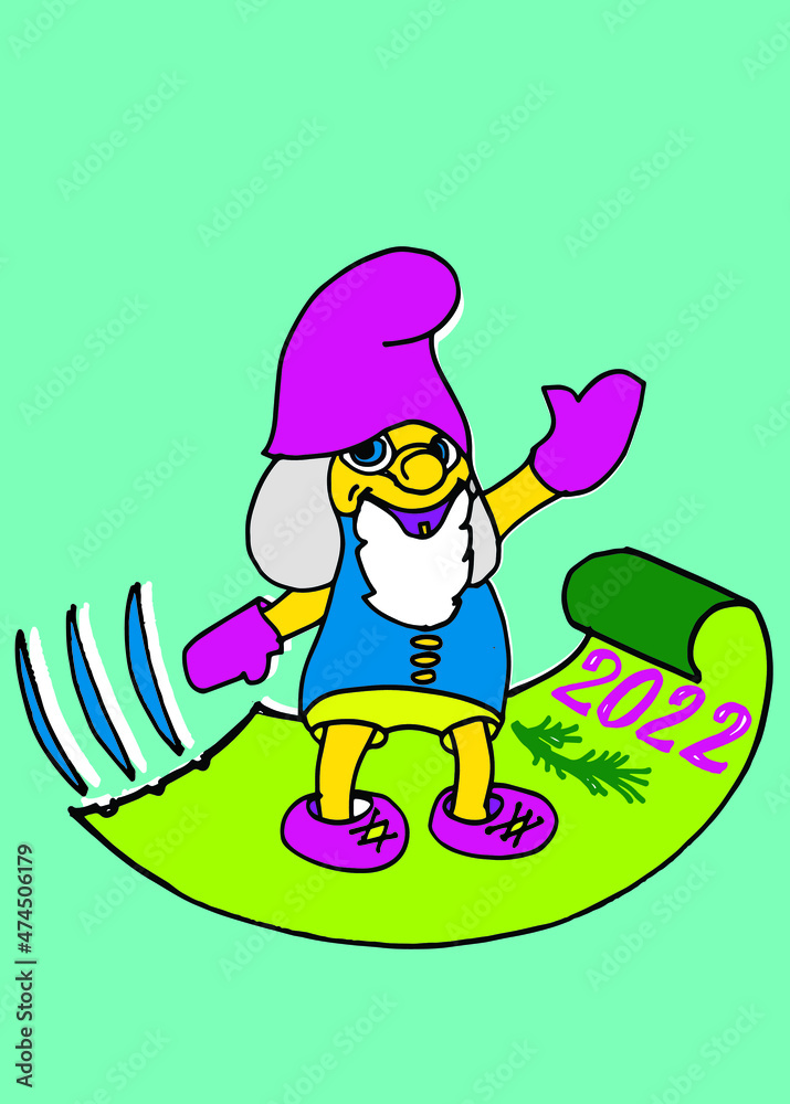 Naklejka premium fairy gnome for cartoon on turquoise background happy new year 2022