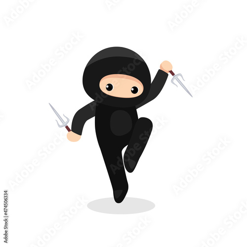 Cute ninja with pair of sai weapon isolated on white background