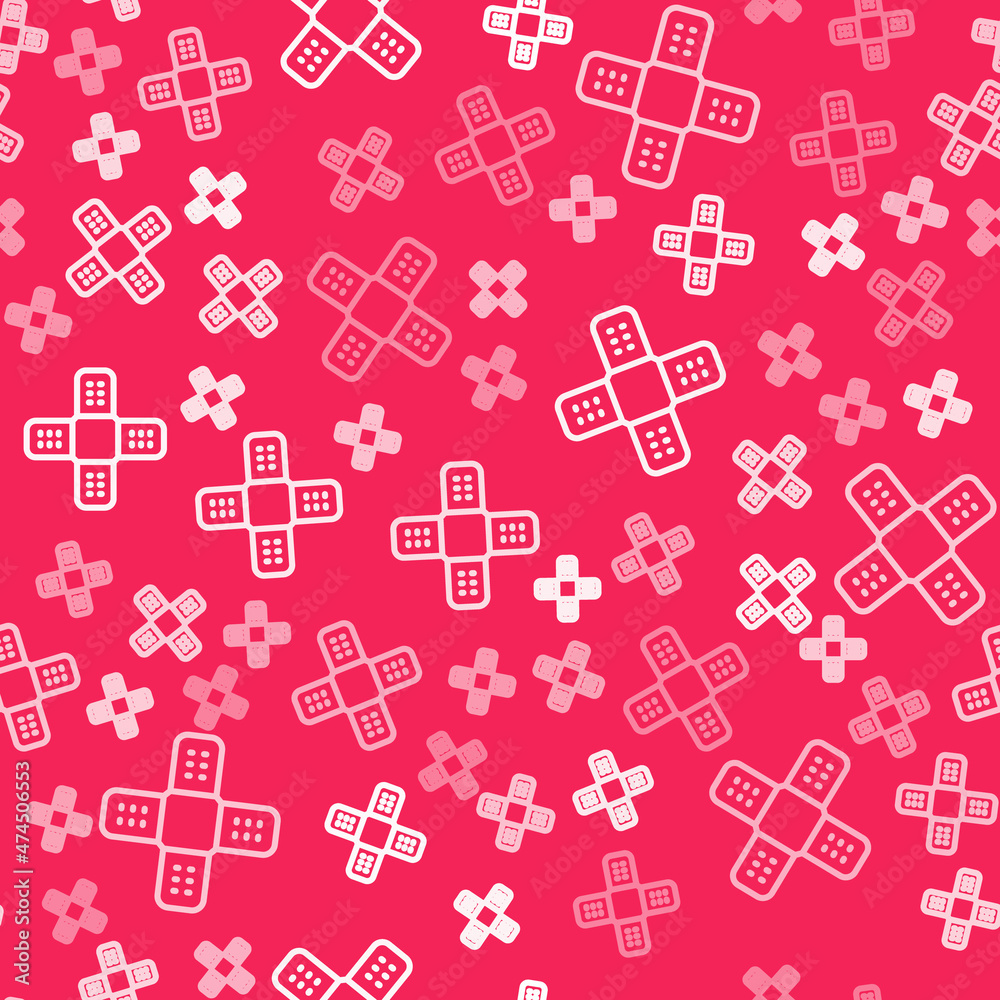 White line Crossed bandage plaster icon isolated seamless pattern on red background. Medical plaster, adhesive bandage, flexible fabric bandage. Vector