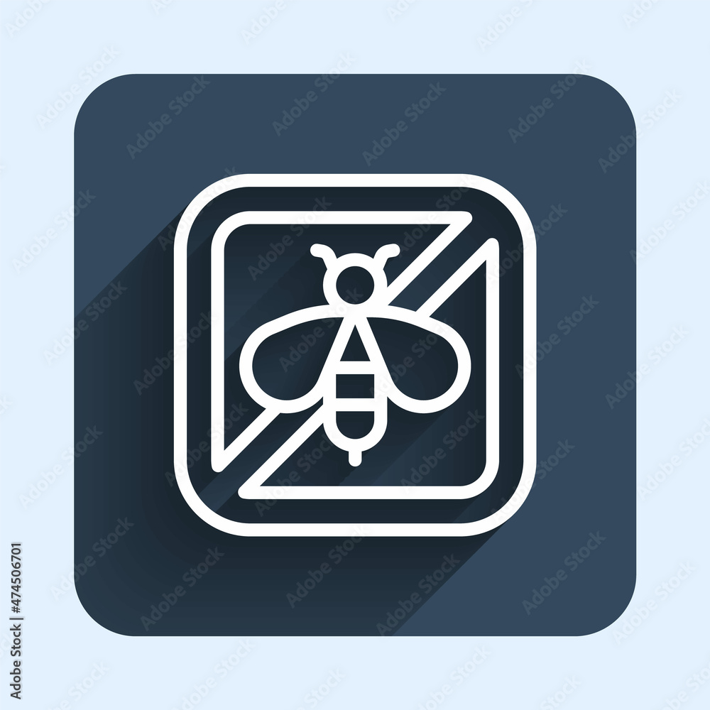 White line Stop bee icon isolated with long shadow background. Sweet natural food. Honeybee or apis with wings symbol. Flying insect. Blue square button. Vector White line Stop bee icon isolated with long shadow background. Sweet natural food. Honeybee or apis with wings symbol. Flying insect. Blue square button. Vector