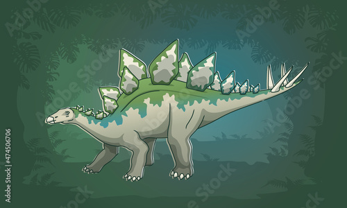Stegosaurus Illustration with jungle foliage background, editable stroke, colors and shadows