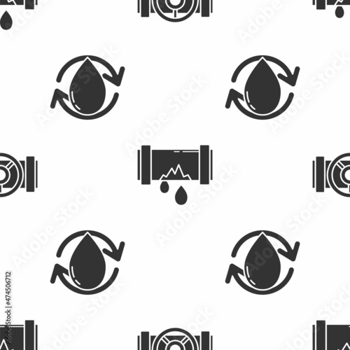 Set Industry metallic pipes and valve, Broken metal pipe with leaking water and Oil drop on seamless pattern. Vector
