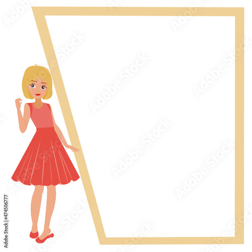 vector isolate flat design concept for Photo frame with cute yellow short hair girl wearing red dress is standing. Album template for couples, kid, girl, family or memories, Scrapbook ,paper notes