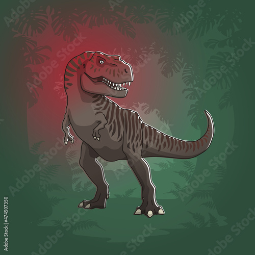 Tyrannosaurus Illustration with jungle foliage background, editable stroke, colors and shadows