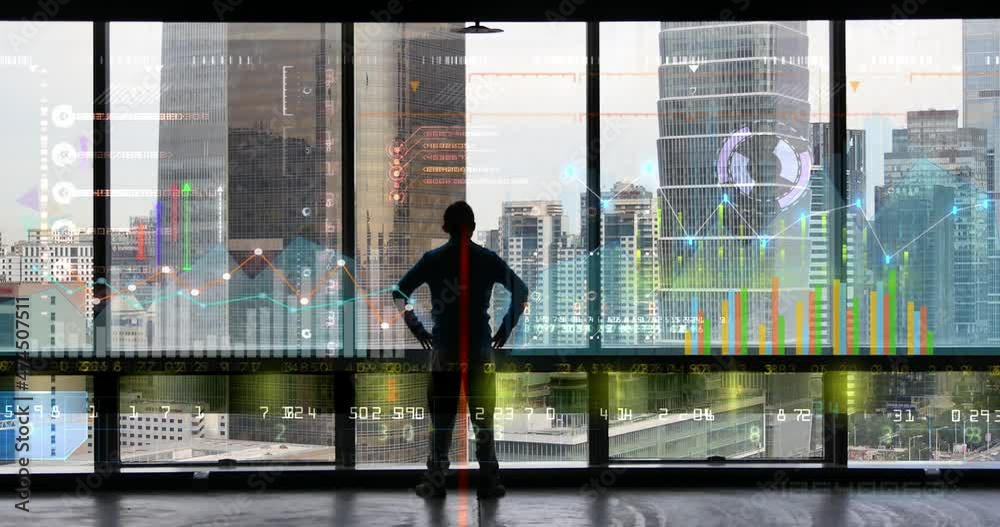 4k businessman back raising victory arm;Overlooking the urban from window.financial chart;Business tech digital Data trend hud Graph;Changing Economic node line;Digital Tableau of Stock Market Values. 4k businessman back raising victory arm;Overlooking the urban from window.financial chart;Business tech digital Data trend hud Graph;Changing Economic node line;Digital Tableau of Stock Market Values.