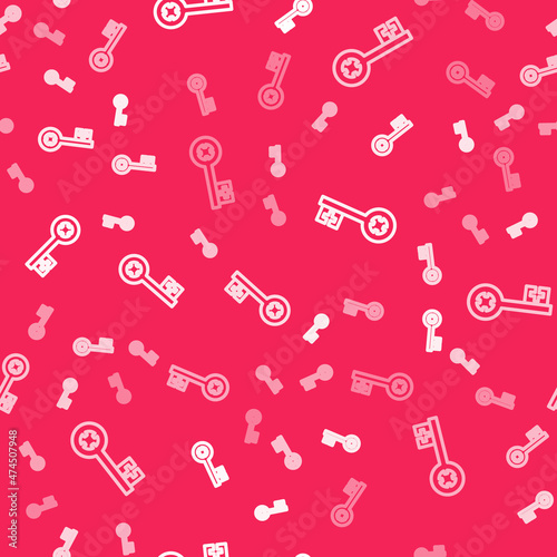 White line Old key icon isolated seamless pattern on red background. Vector