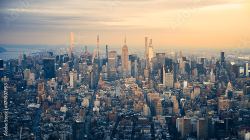 Filmic style New York City/Manhattan Skyline Panorama taken at sunrise. Looking uptown towards the Empire State Building