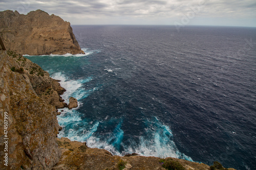 Cabo Formentor (Cape Formentor) at Mallorca, Spain, on a cloudy day in October, wild seascape, rough coastline, cliffs