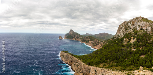 Cabo Formentor (Cape Formentor) at Mallorca, Spain, on a cloudy day in October, wild seascape, rough coastline, cliffs