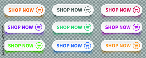 Shop now. Set of button shop now or buy now on transparent background. Modern collection for web site. Vector illustration.