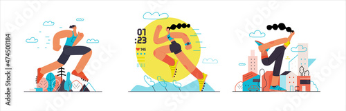 Runners - a set of illustrations of running and exercising outside people