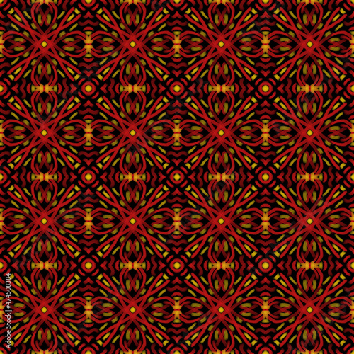 Ethnic seamless hand-drawn pattern. Beautiful red and yellow ornament on a black background. Oriental motifs. Design of background, fabric, textile, wallpaper, template.
