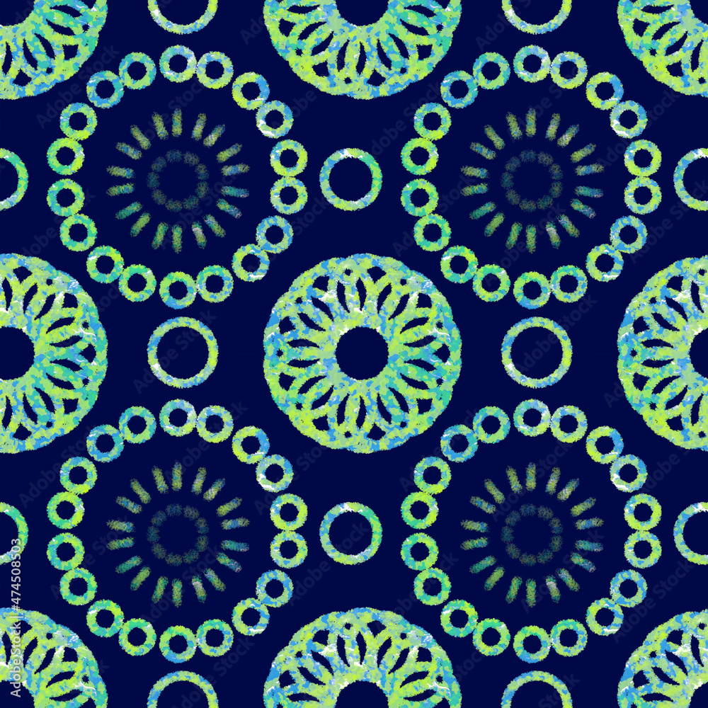 Seamless geometric pattern of mandalas, circles. Multicolored green ornament on a blue background, hand-drawn. Retro style. Design of the background, interior, wallpaper, textiles, fabric, packaging. Seamless geometric pattern of mandalas, circles. Multicolored green ornament on a blue background, hand-drawn. Retro style. Design of the background, interior, wallpaper, textiles, fabric, packaging.