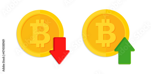 Bitcoin icon - up or down. Bitcoin up symbol. Prise low arrow sign
