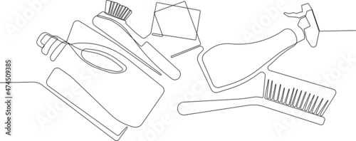 Continuous one line drawing of cleaning set for bathroom cleaning supplies brushes scrubbing and body skin care liquid bottle. Minimal concept. Vector illustration