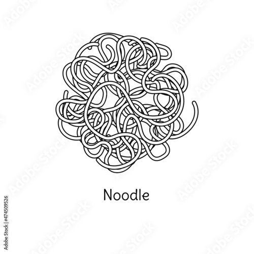 Noodle pasta illustration. Vector doodle sketch. Traditional Italian food. Hand-drawn image for coloring book. Isolated black line icon. Editable stroke