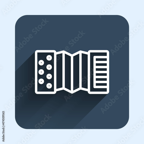 White line Musical instrument accordion icon isolated with long shadow background. Classical bayan, harmonic. Blue square button. Vector